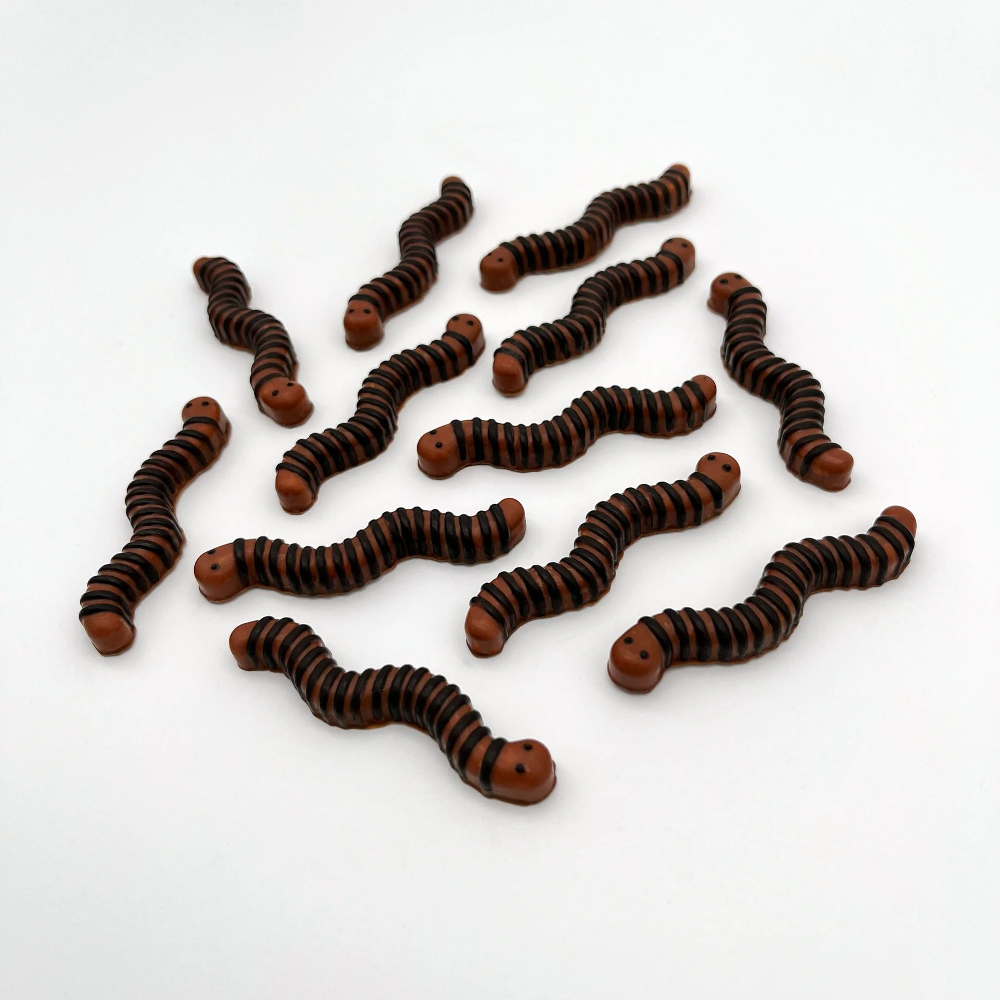 Realistic-looking brown and black chocolate worms.
