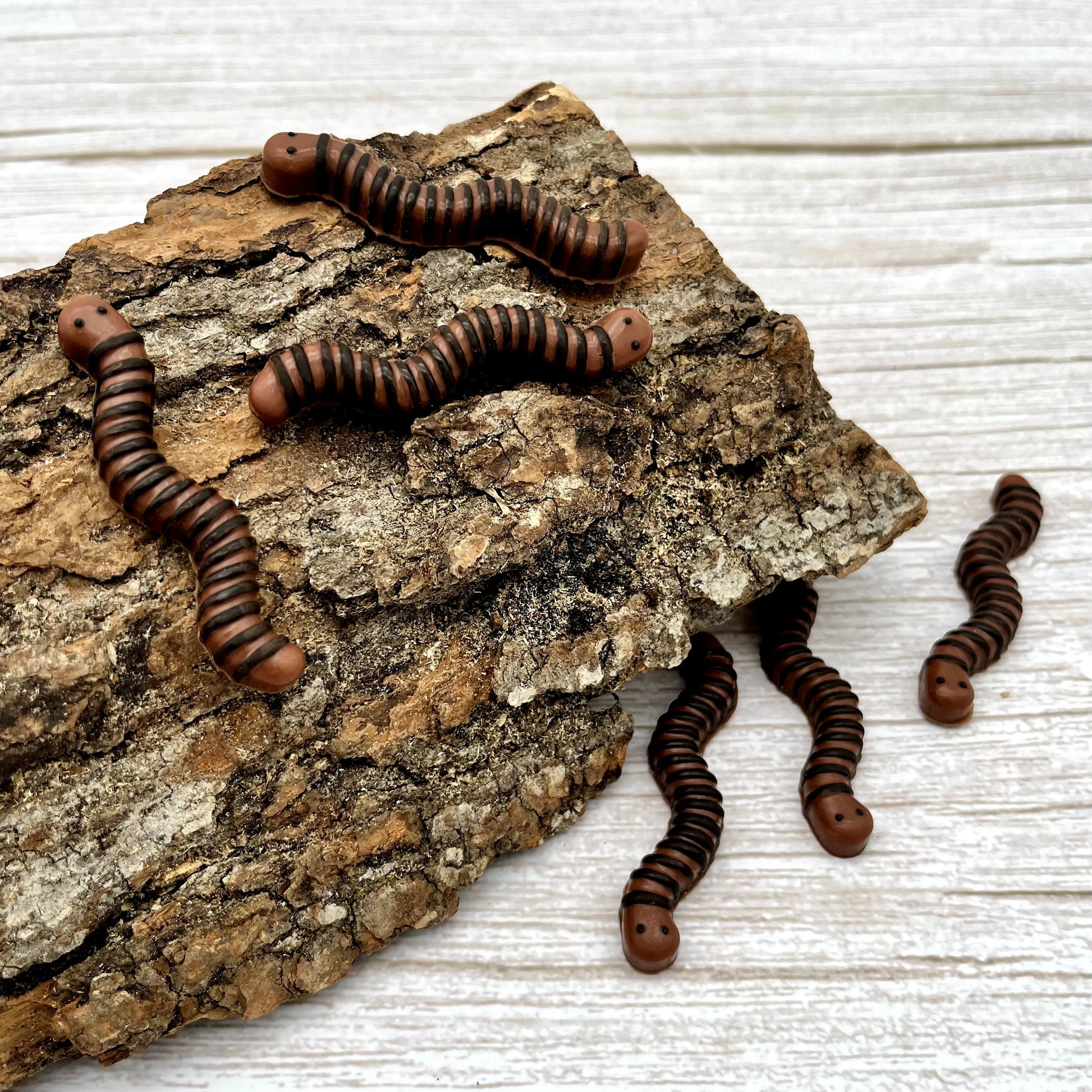 Realistic-looking brown and black chocolate worms, positioned on a wood log.