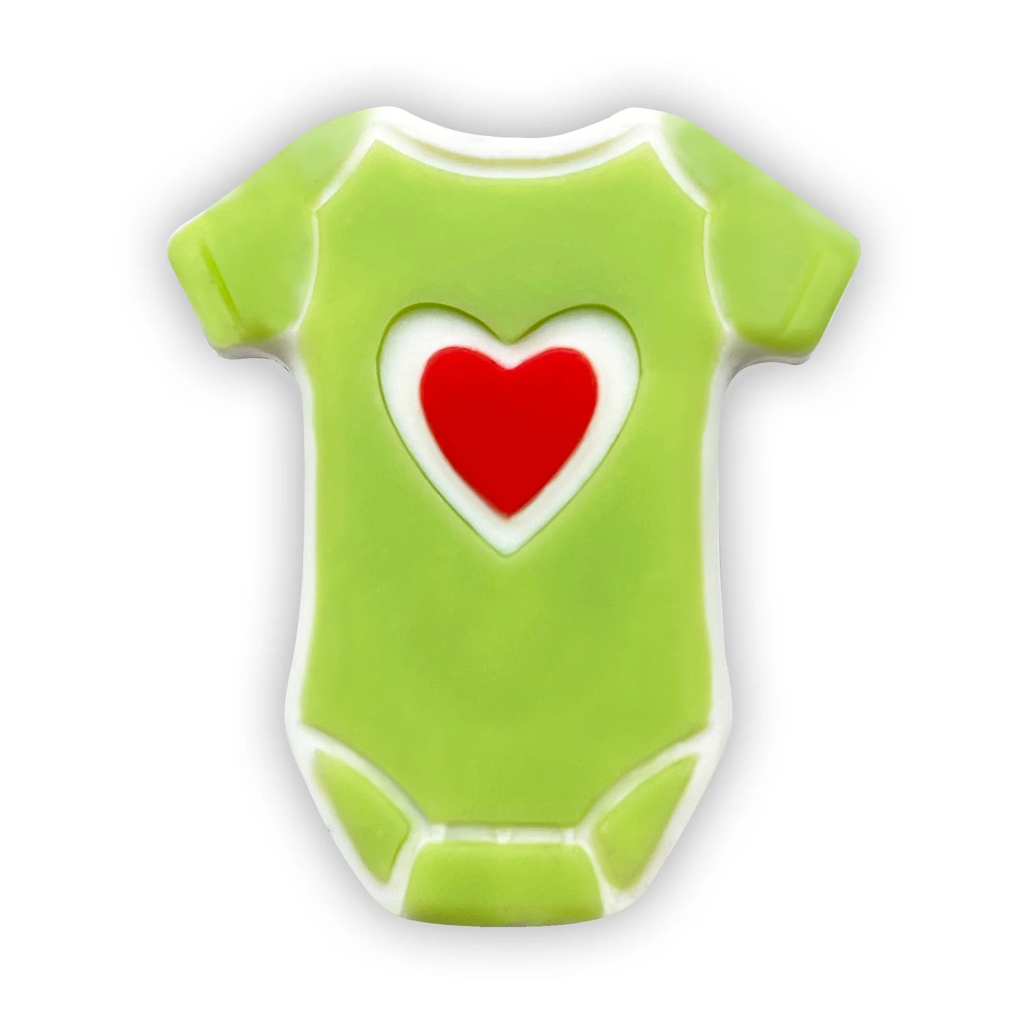 Chocolate baby onesie in green with a red heart on the front.