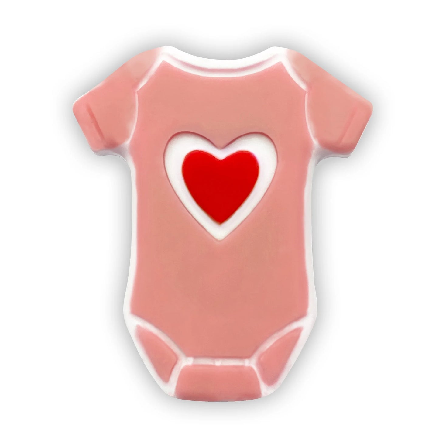 Chocolate baby onesie in pink with a red heart on the front.
