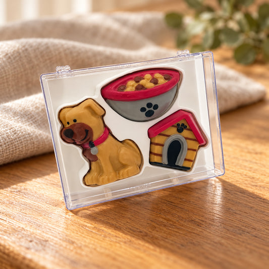 Chocolate dog, food bowl and doghouse in a clear acrylic gift box.