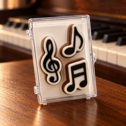 Black and white chocolate treble clef and musical notes in a clear acrylic gift box beside a piano.