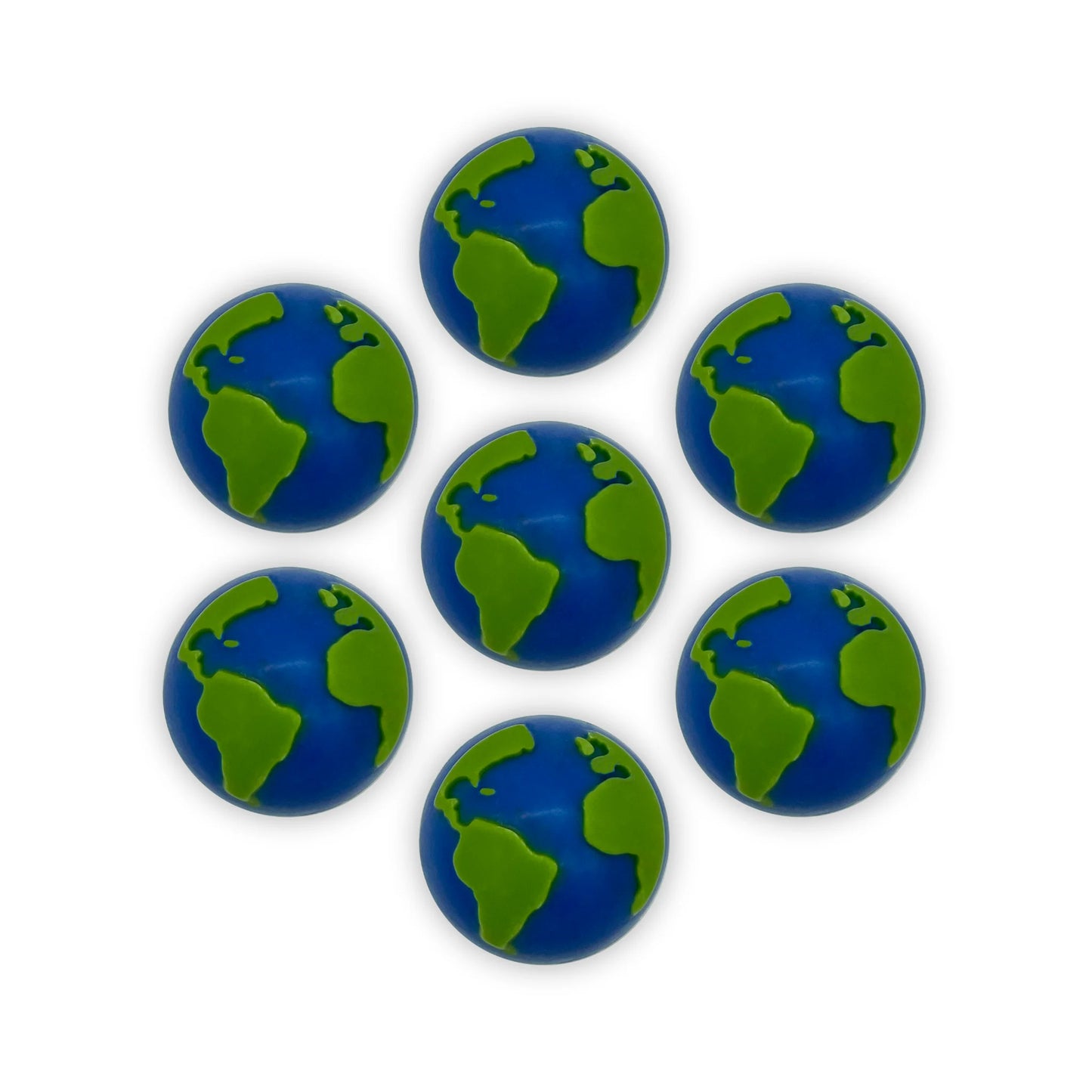 7 chocolate globes, hand-detailed with bright green land and dark blue water.