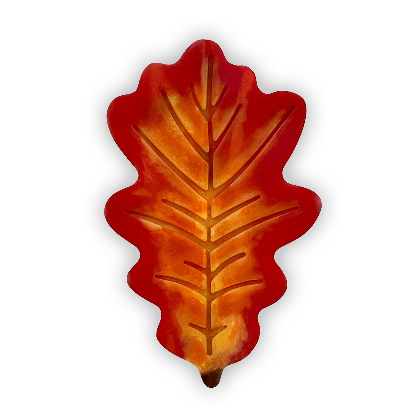 Chocolate oak leaf, overlaid with blended fall colours of yellow, orange and red.