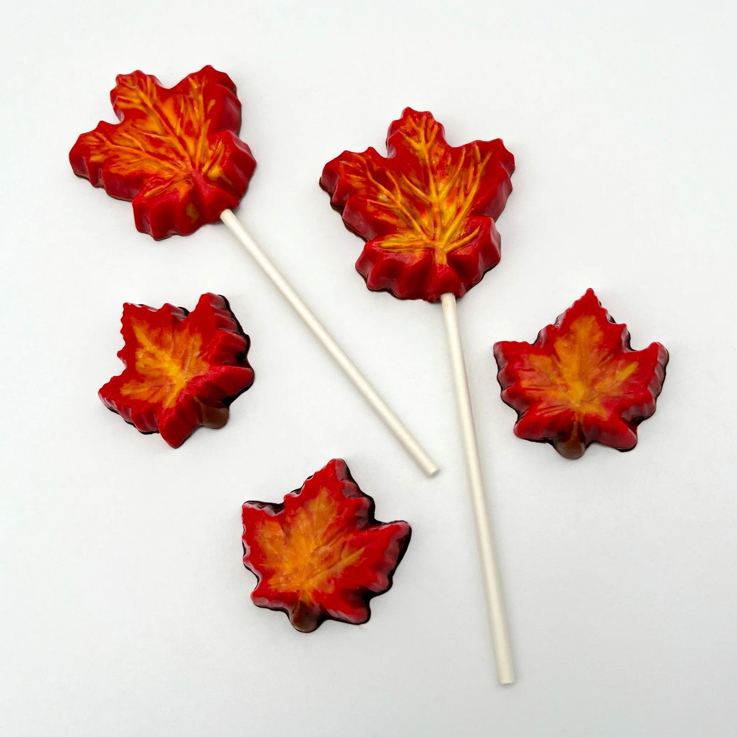 Canada's iconic national symbol, the maple leaf, as a chocolate sucker. Hand-painted with blends of red, orange and yellow.