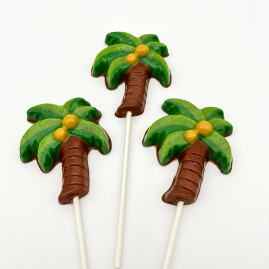 Three chocolate palm trees, hand-painted with yellow coconuts, two-toned green leaves and two-toned brown trunks.