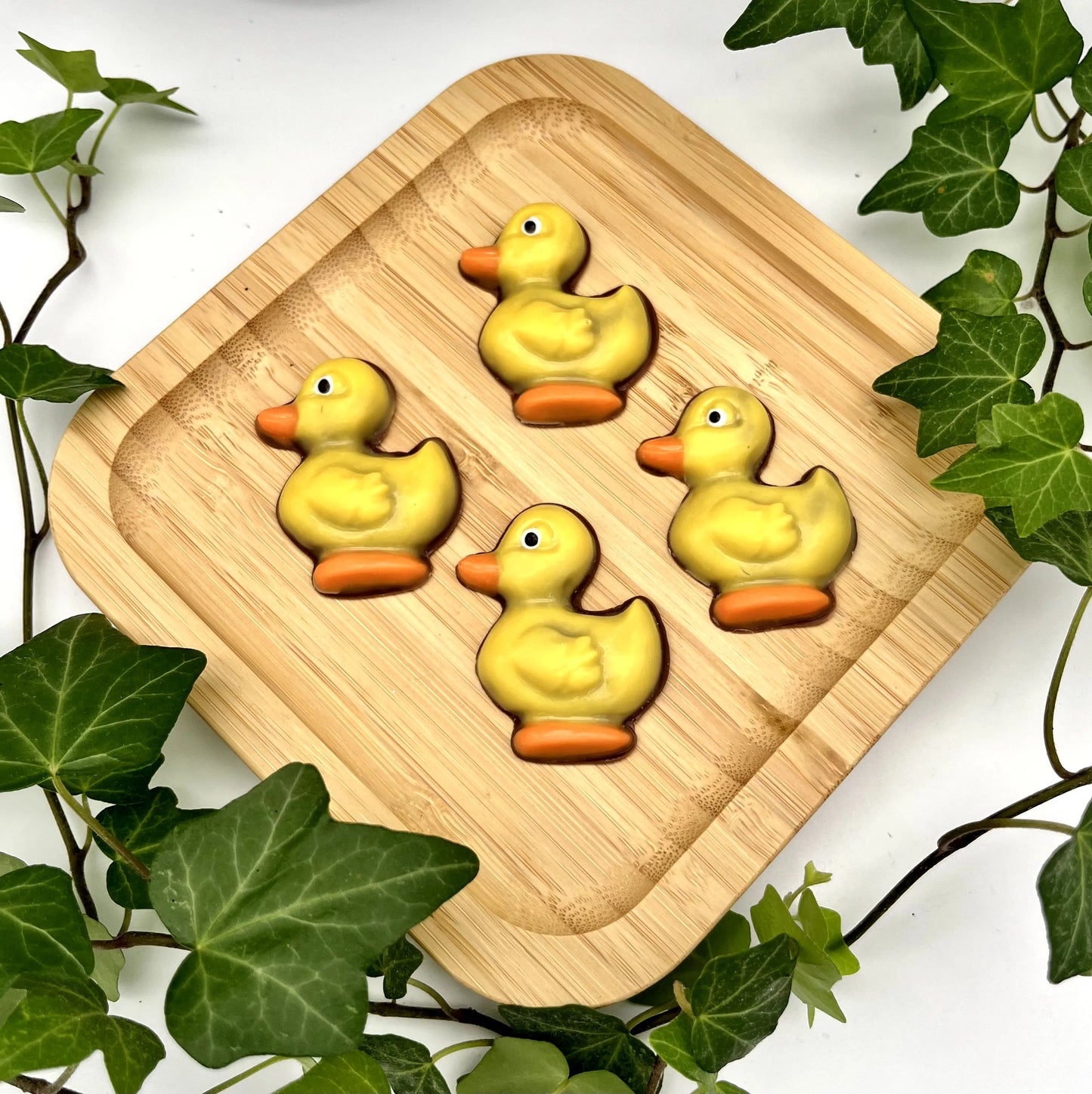 Little yellow and orange ducks, made from chocolate.