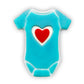 Chocolate baby onesie in blue with a red heart on the front.