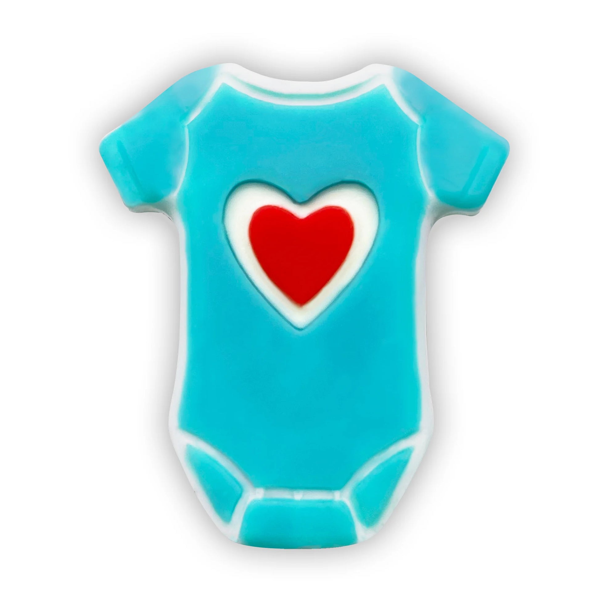 Chocolate baby onesie in blue with a red heart on the front.