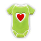 Chocolate baby onesie in green with a red heart on the front.