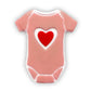 Chocolate baby onesie in pink with a red heart on the front.