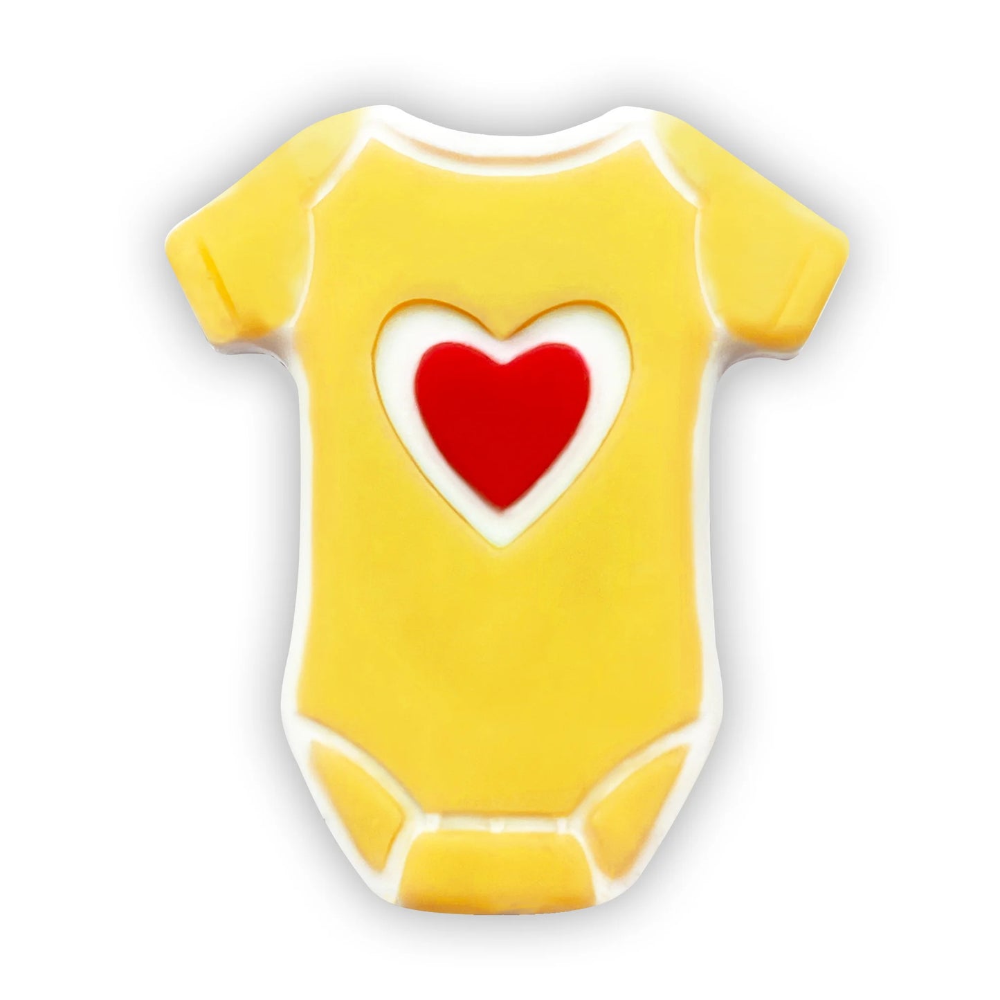 Chocolate baby onesie in yellow with a red heart on the front.