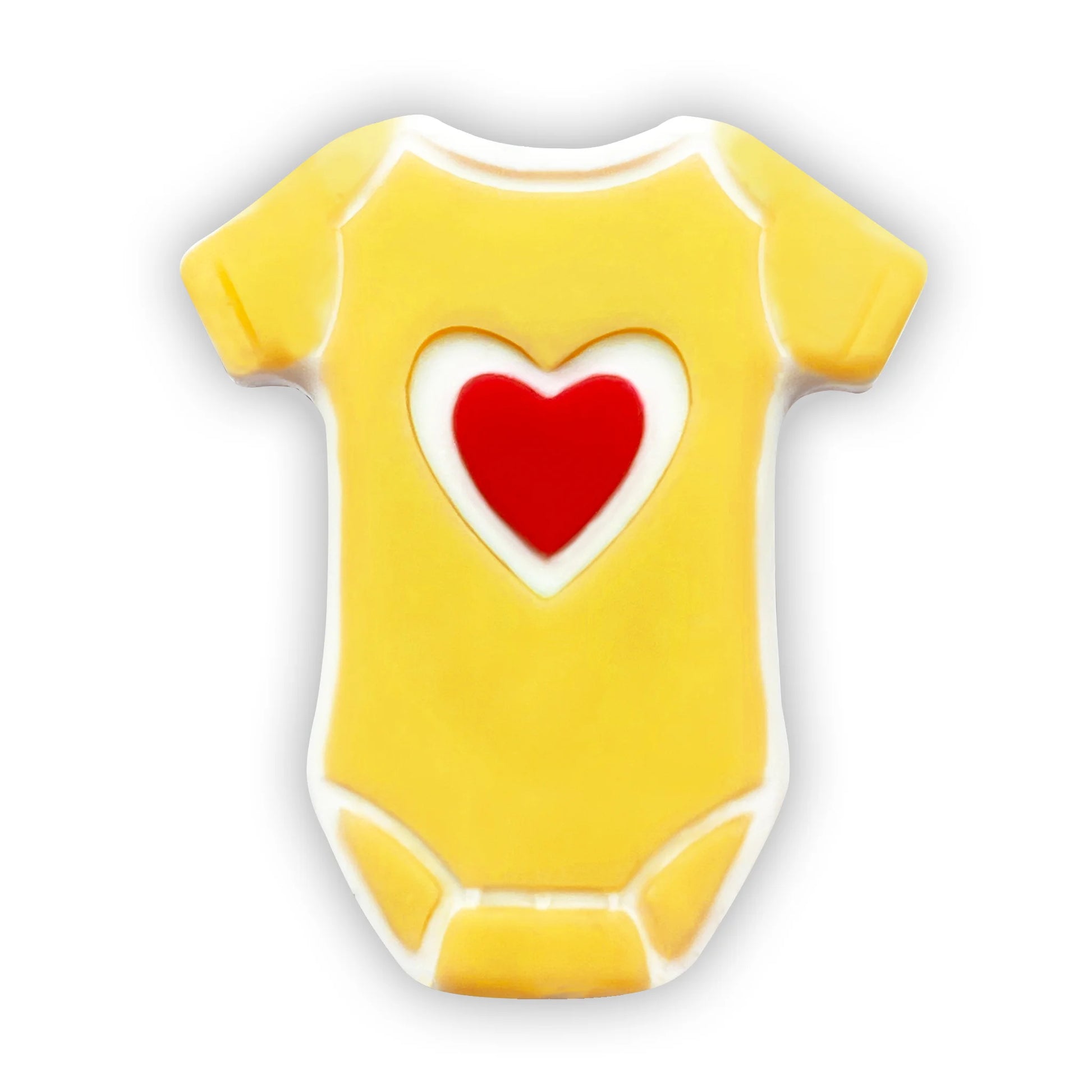 Chocolate baby onesie in yellow with a red heart on the front.