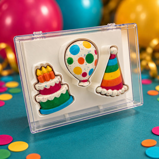 Colourful birthday cake, polka-dot balloon and striped party hat, all made from chocolate, set in a clear acrylic gift box.