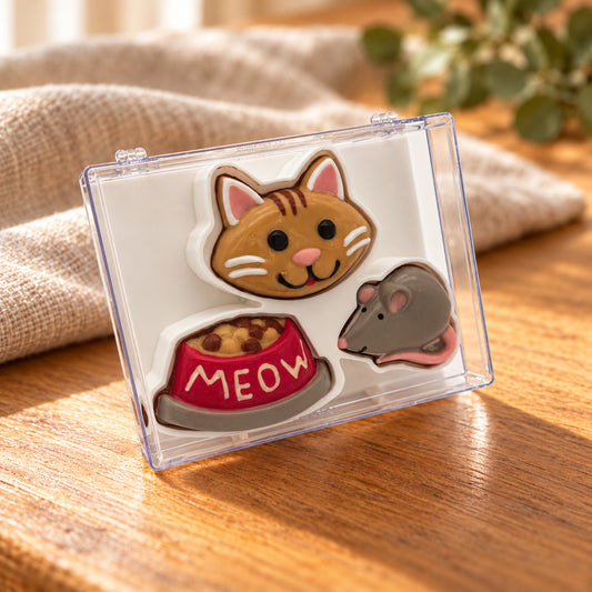 Chocolate ginger cat face, grey mouse and red food bowl marked “MEOW” in a clear acrylic gift box.