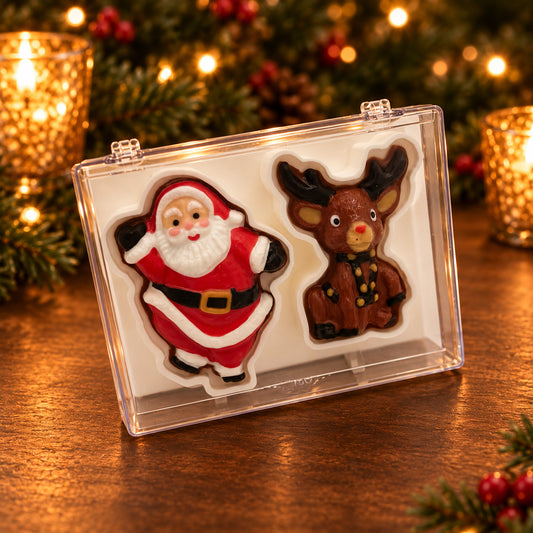 Waving Santa and red-nosed reindeer chocolates together in a clear acrylic gift box.