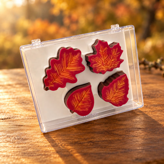 Four chocolate autumn leaves with red, orange and gold details in a clear acrylic gift box.