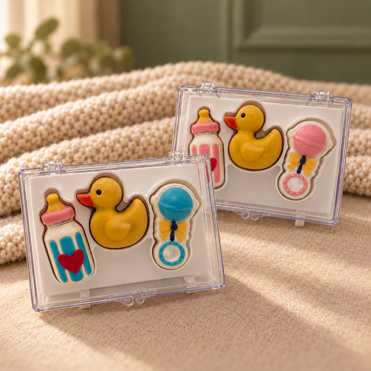 Two chocolate baby gift sets with bottles, yellow ducks and rattles, featuring blue or pink accents in clear acrylic gift boxes.