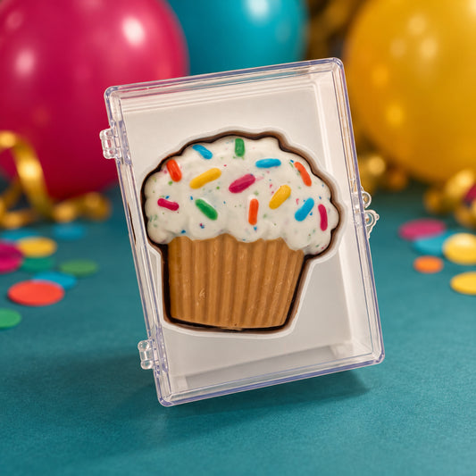 Cupcake made of chocolate, with white "icing" and colourful sprinkles, set in a clear acrylic gift box.