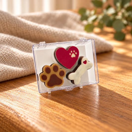 Chocolate paw print, red heart and dog bone in a clear acrylic gift box.