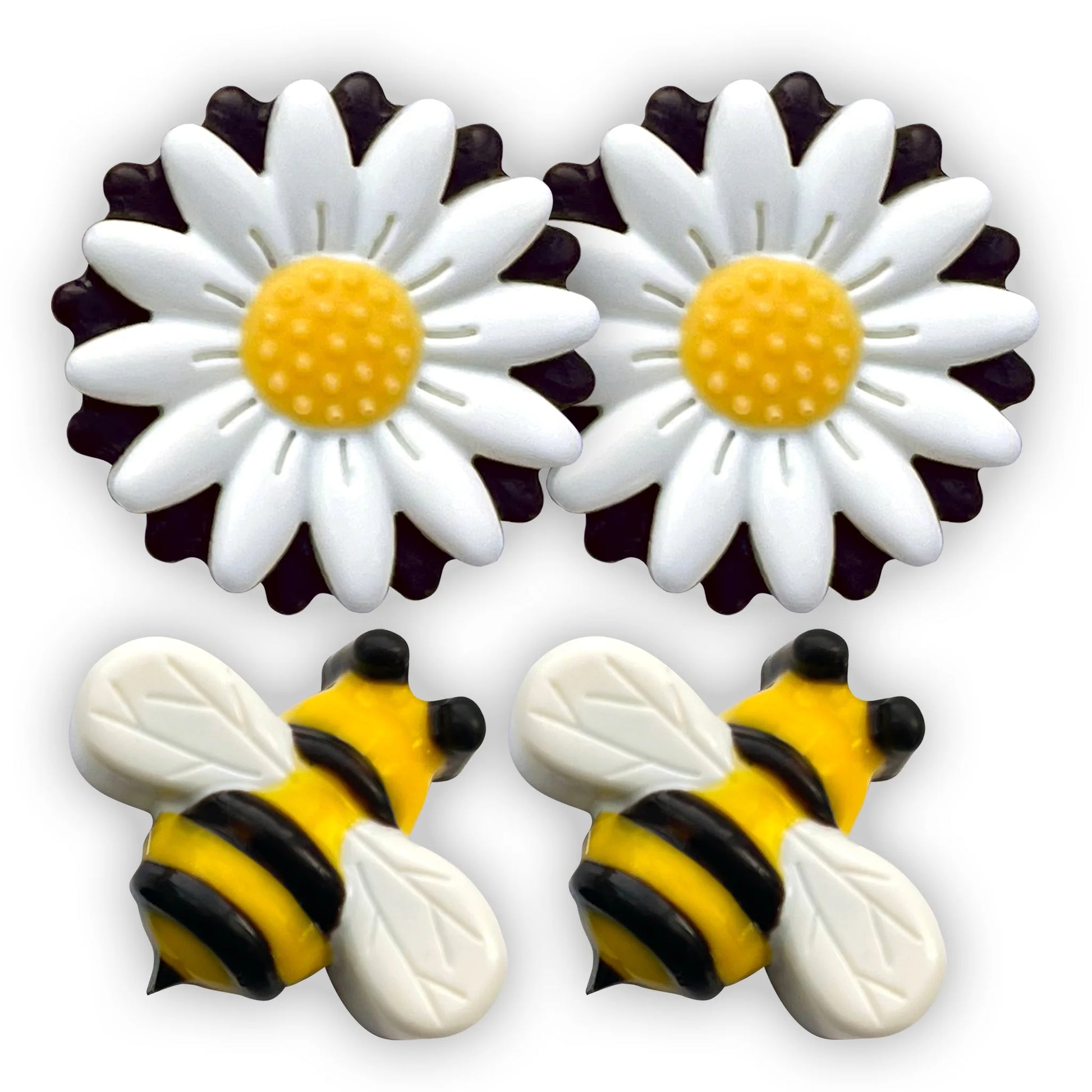 Four chocolate bees and daisies, hand-painted in traditional yellow, black and white.