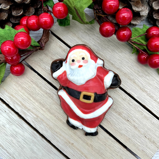 Full-body Santa Claus chocolate figure, hand-detailed in red, white, and black, styled with Christmas greenery and pinecones.