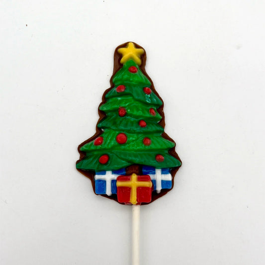 Chocolate Christmas tree sucker with colourful red "lights" and presents underneath, topped with a yellow star.