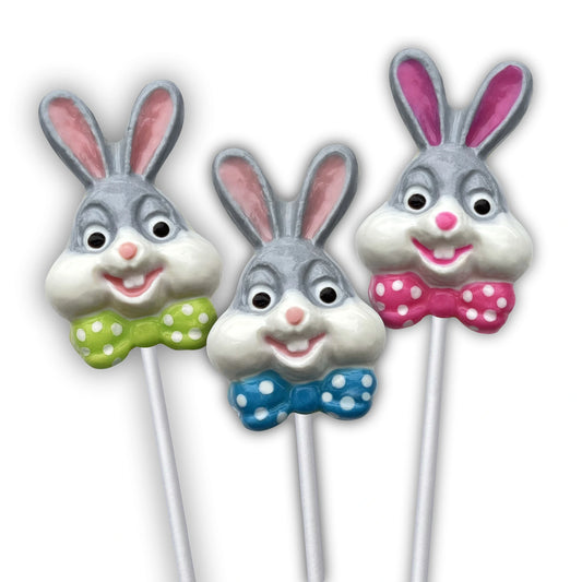 "Bugs" Bunny inspired chocolate sucker with a coloured polka dot bowtie. Grey and white add authenticity to the classic cartoon character.