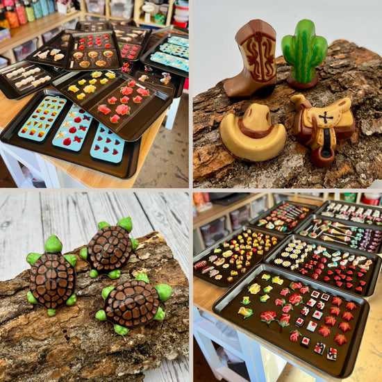 Collage of painted chocolate molds and finished chocolates on trays, western themed chocolates, and chocolate turtles.
