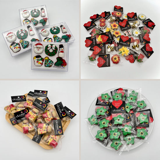 Assorted chocolates in various packaging options, all on white backgrounds.