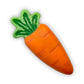 Realistic-looking baby carrot, coloured in oranges with a green leafy top; made from chocolate.