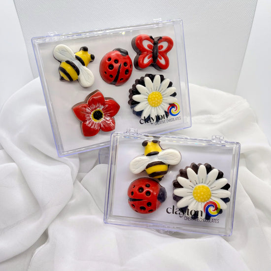 Hand-painted chocolates, including a bee, ladybug, butterfly and daisy, packaged in clear gift boxes. Set on a white fabric background.