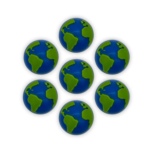 7 chocolate globes, hand-detailed with bright green land and dark blue water.