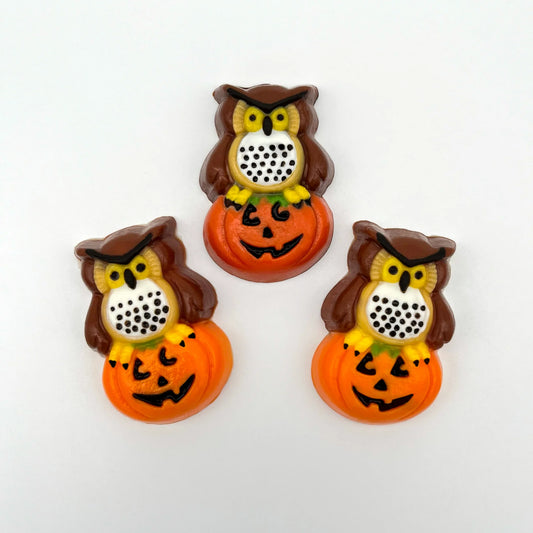 Exquisitely detailed chocolate owl sitting on a carved pumpkin, decorated in 8 different colours.