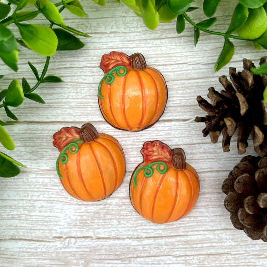 Fall-themed chocolates of seasonal orange pumpkins with green tendrils, decorated with an autumn oak leaf.