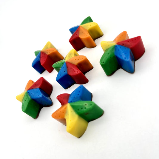 Fun 5-pointed chocolate star, coloured in blue, green, yellow, orange and red.